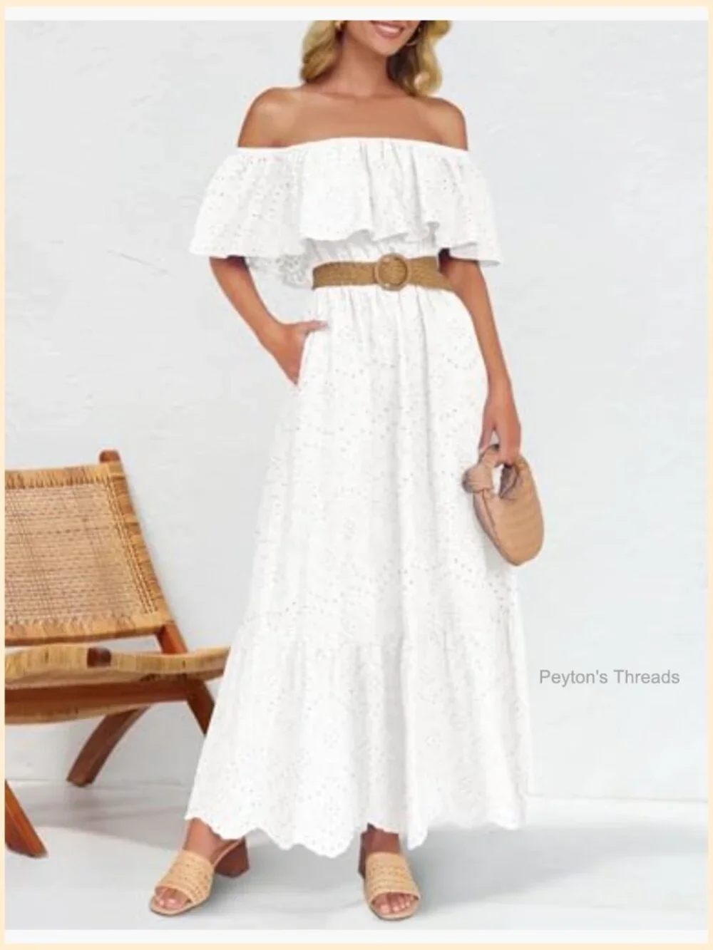 Off Shoulder Ruffle Midi Dress Short Sleeve High Waist Hollow Out Embroidery - Picture 4 of 7